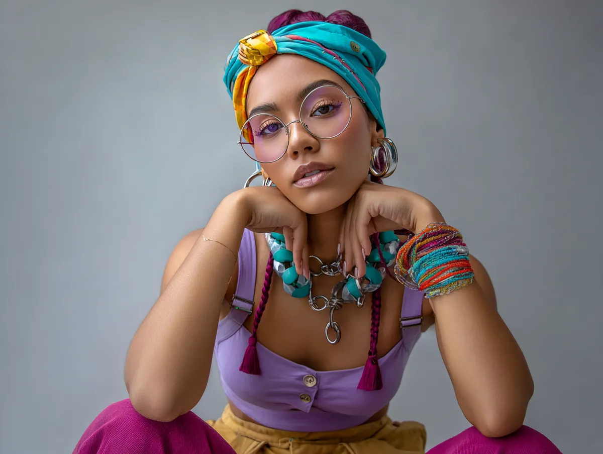 Close-up fashion photography, young woman with bold accessories, chunky jewelry, headband, mini bag, colorful 90s inspired styling