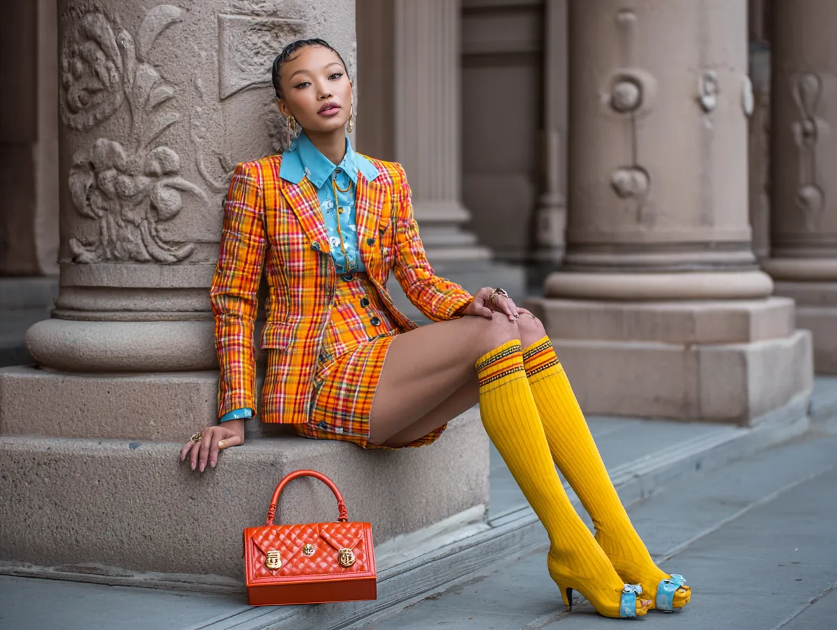 A stylish young woman in a bold 90s inspired outfit, bright plaid skirt suit, knee high socks, mini handbag, upbeat street fashion photography