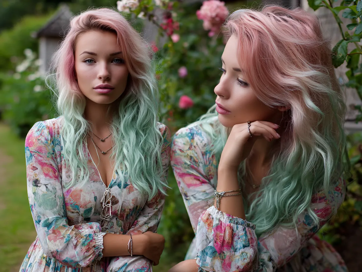 Young woman with pastel pink and mint ombre hair, wearing a flowy floral dress in a garden, soft sunlight, blooming flowers, cinematic natural light photography, gentle dreamy atmosphere.