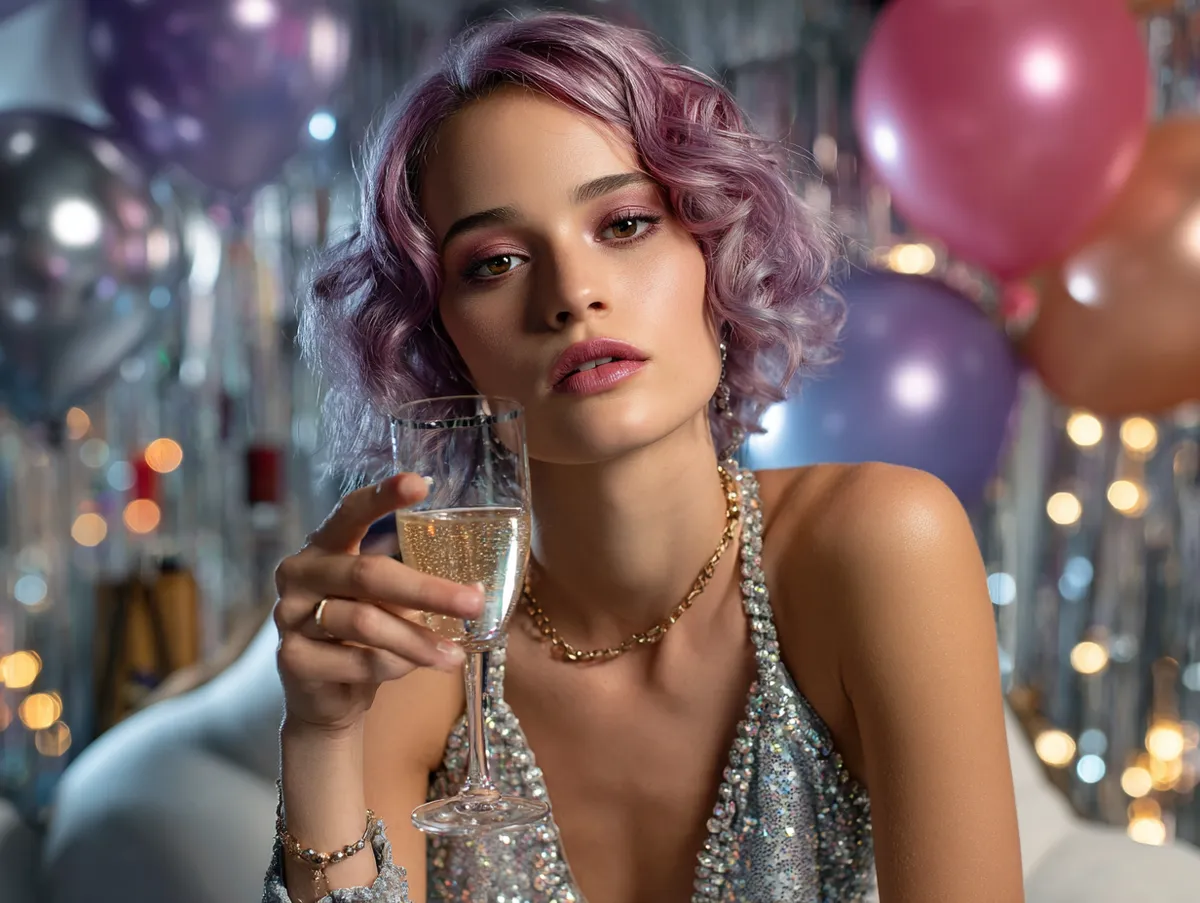 A glamorous woman with metallic rose gold and deep violet hair under disco lights, sequined dress, holding a champagne glass, surrounded by glowing balloons and bokeh light effects, cinematic fashion photography.