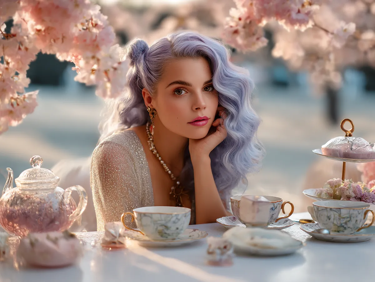 Woman with lavender and baby blue hair styled in elegant waves, wearing a light silk dress during a sunset picnic surrounded by cherry blossoms, soft golden lighting, serene spring mood, romantic photography.