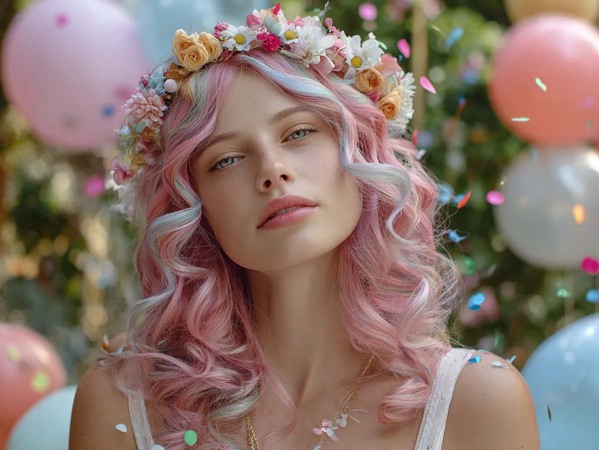 Young woman in a garden party scene with soft pastel rainbow hair flowing in sunlight, wearing a floral crown, surrounded by confetti, flowers, and balloons, natural light photography, dreamy tone.