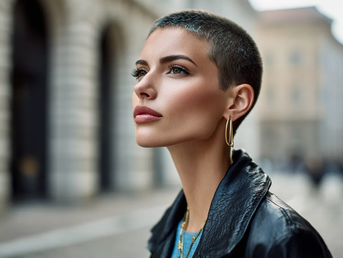 stylish modern woman with short crew cut hairstyle standing in urban city background cinematic mood natural daylight photography