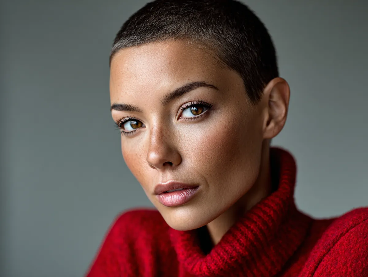 close-up portrait of a confident woman with a sharp crew cut hairstyle minimalist background soft natural lighting high fashion editorial photography