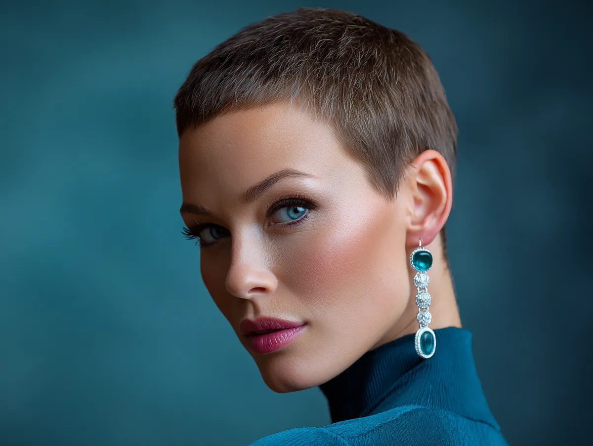 fashion-forward woman with a short crew cut hairstyle accented by soft makeup elegant earrings glowing background modern portrait photography
