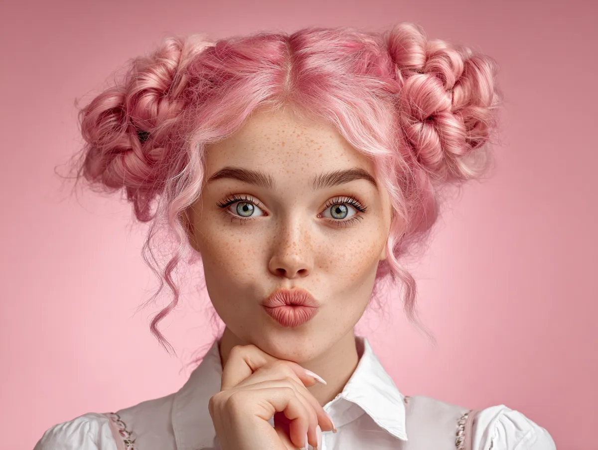 beautiful woman with pastel pink twisted hairstyle, school morning sunshine, soft curls, playful mood, detailed texture, bright background, cinematic light, natural makeup, cheerful vibe, cute easy hair style