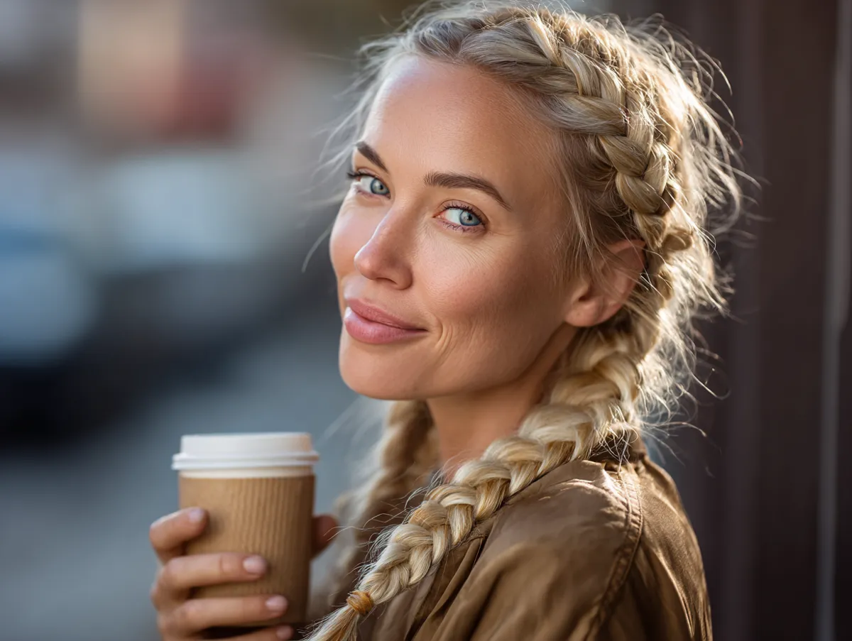 smiling woman with golden blonde braided hairstyle, sunlight reflection, outdoor coffee break scene, glowing hair, soft breeze, cinematic photography, natural tones, casual elegance, cute easy hair style