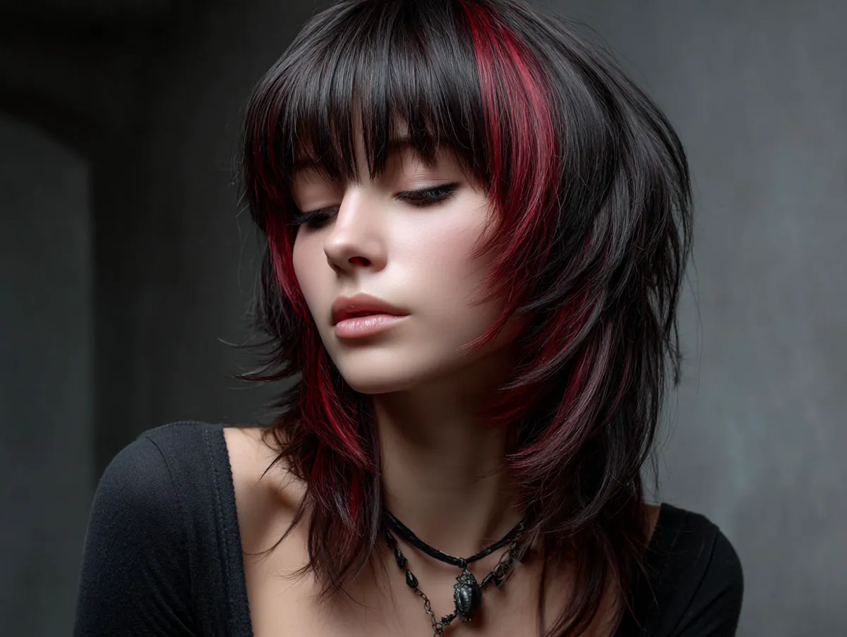 a long textured emo haircut with side bangs and layered ends, deep black with crimson highlights, dramatic lighting, cinematic close-up, emotional atmosphere