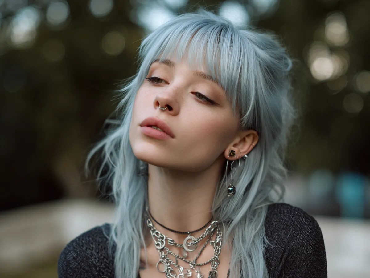 a soft layered emo haircut with long textured bangs and pastel hair tones, cinematic lighting, dreamy bokeh background, indie fashion aesthetic