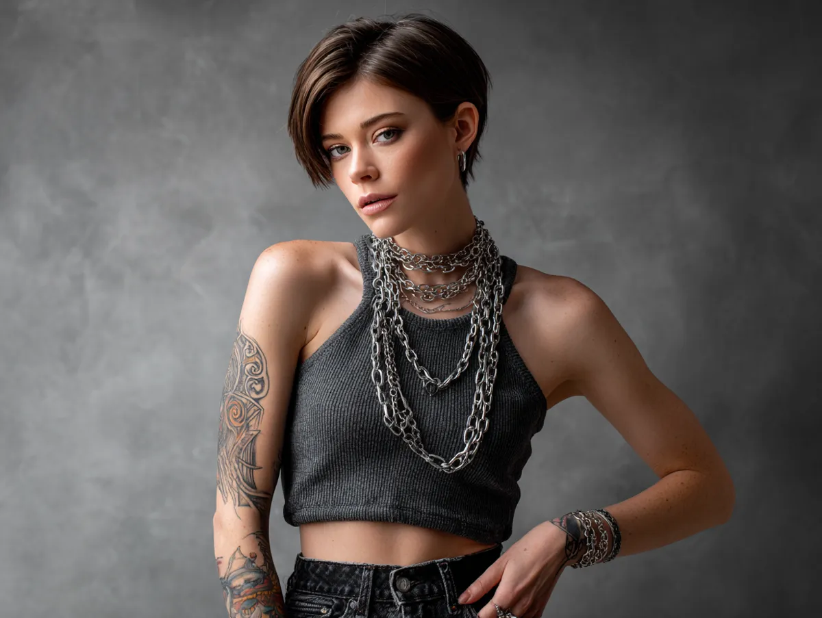 Standing fashion model wearing a vintage band tee, layered silver chains, dark jeans, emo outfit ideas styled for a clothing catalog