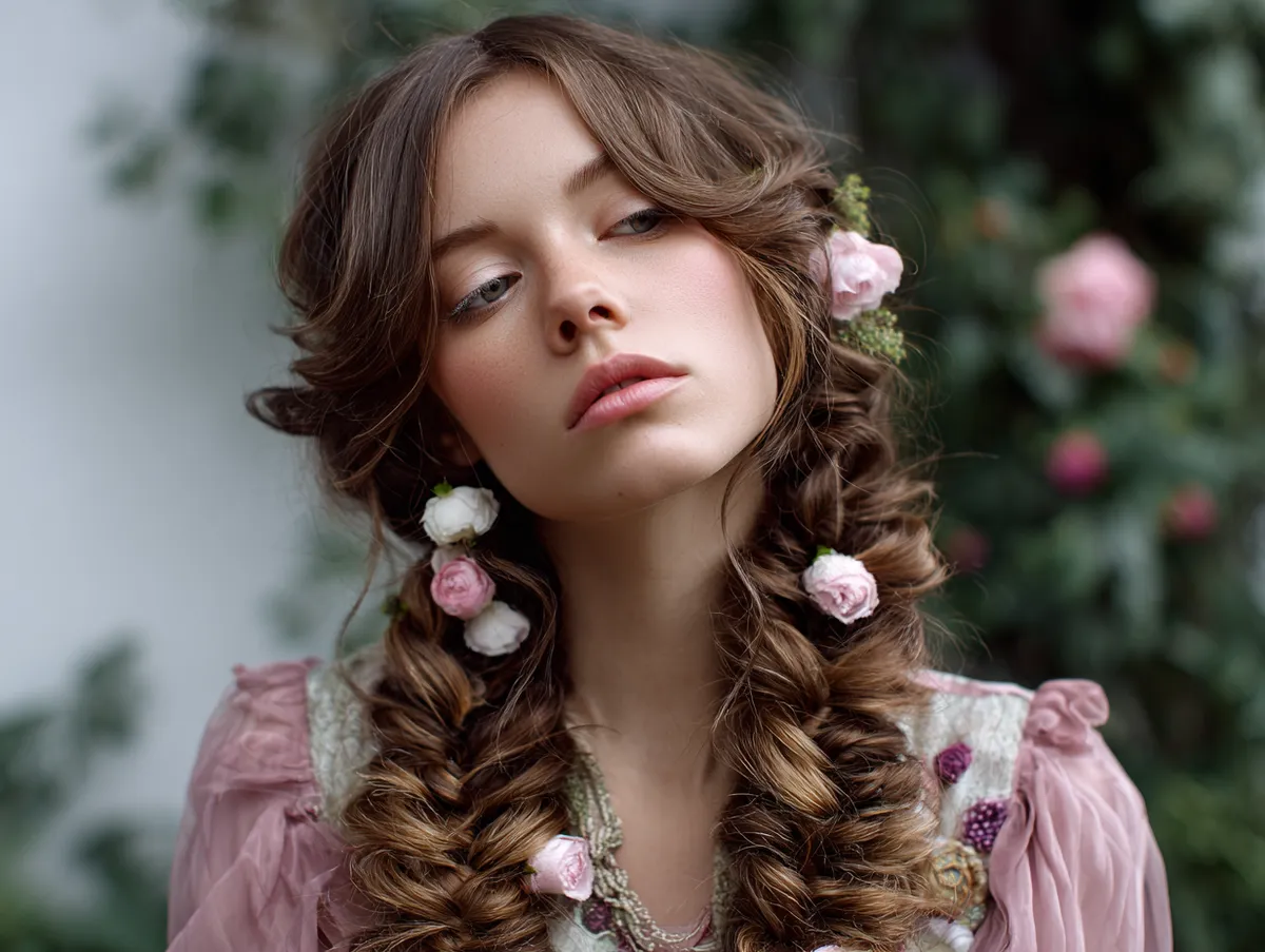 A dreamy editorial portrait featuring long, glossy hair styled in soft French plaits blended into cascading curls, delicate floral accents woven into the braid that highlights texture, and a poetic garden backdrop for an ethereal atmosphere.
