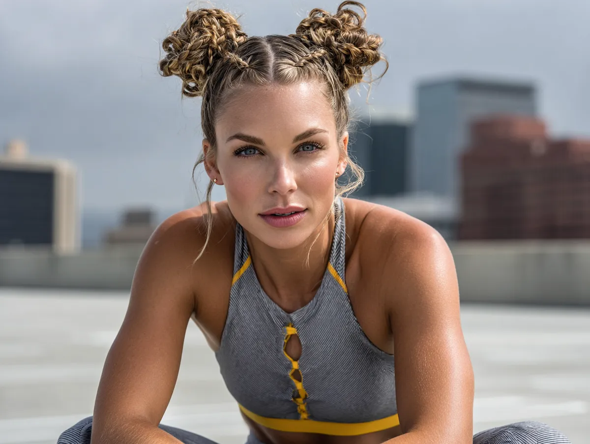 Dynamic action shot of a model wearing tight, sleek French plaits, styled for a fitness look, with sweat-resistant shine, bold athleisure wardrobe, and an urban rooftop gym setting at sunrise, emphasizing strength and confidence.