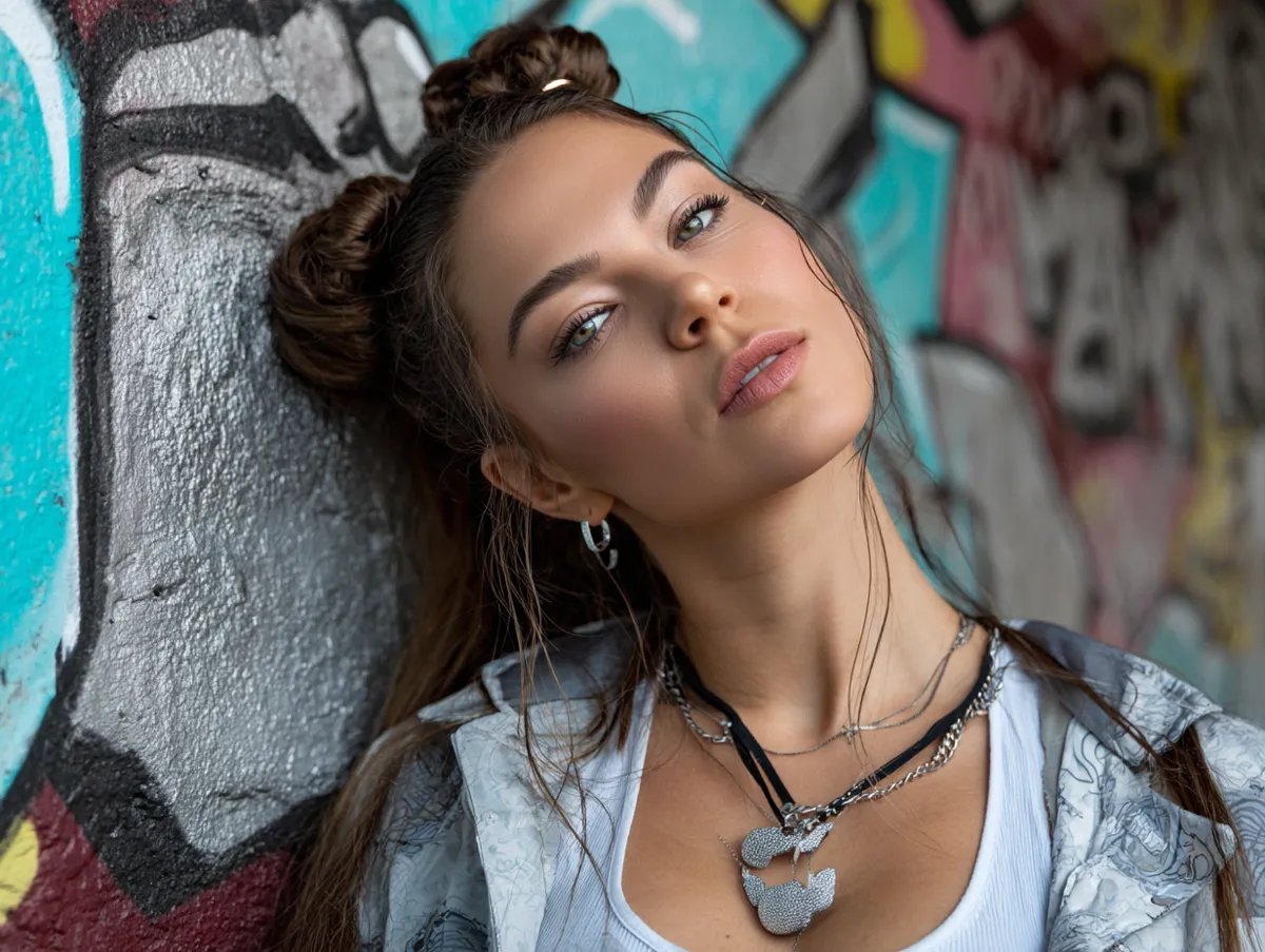 A stylish young woman in streetwear, her hair styled in a wet-look gel up design, graffiti walls behind her, evening lights reflecting on the hair, artistic fashion photo mood