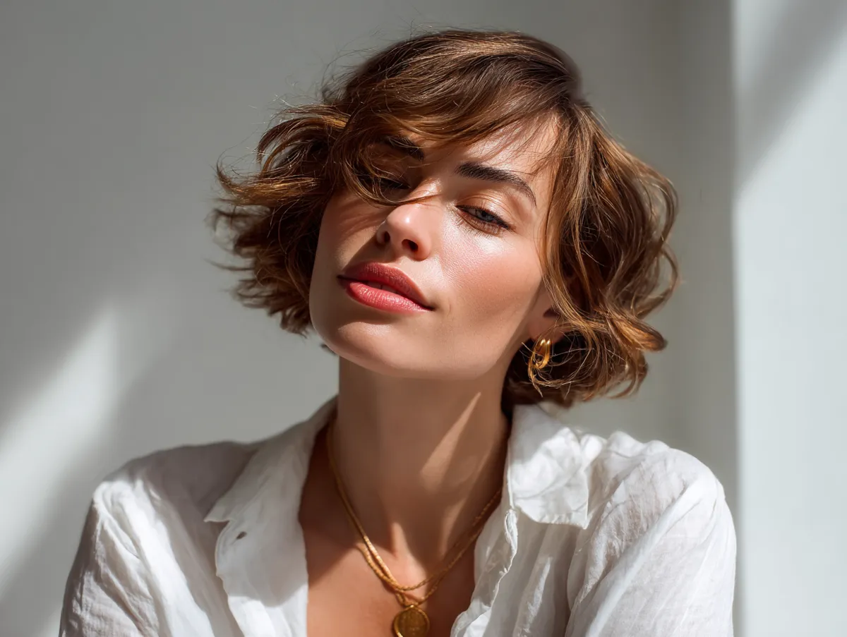 A modern woman with soft brown waves styled into a glossy gel up look, sunlight glinting on the hair, minimalist fashion background, natural glow, lifestyle photography style