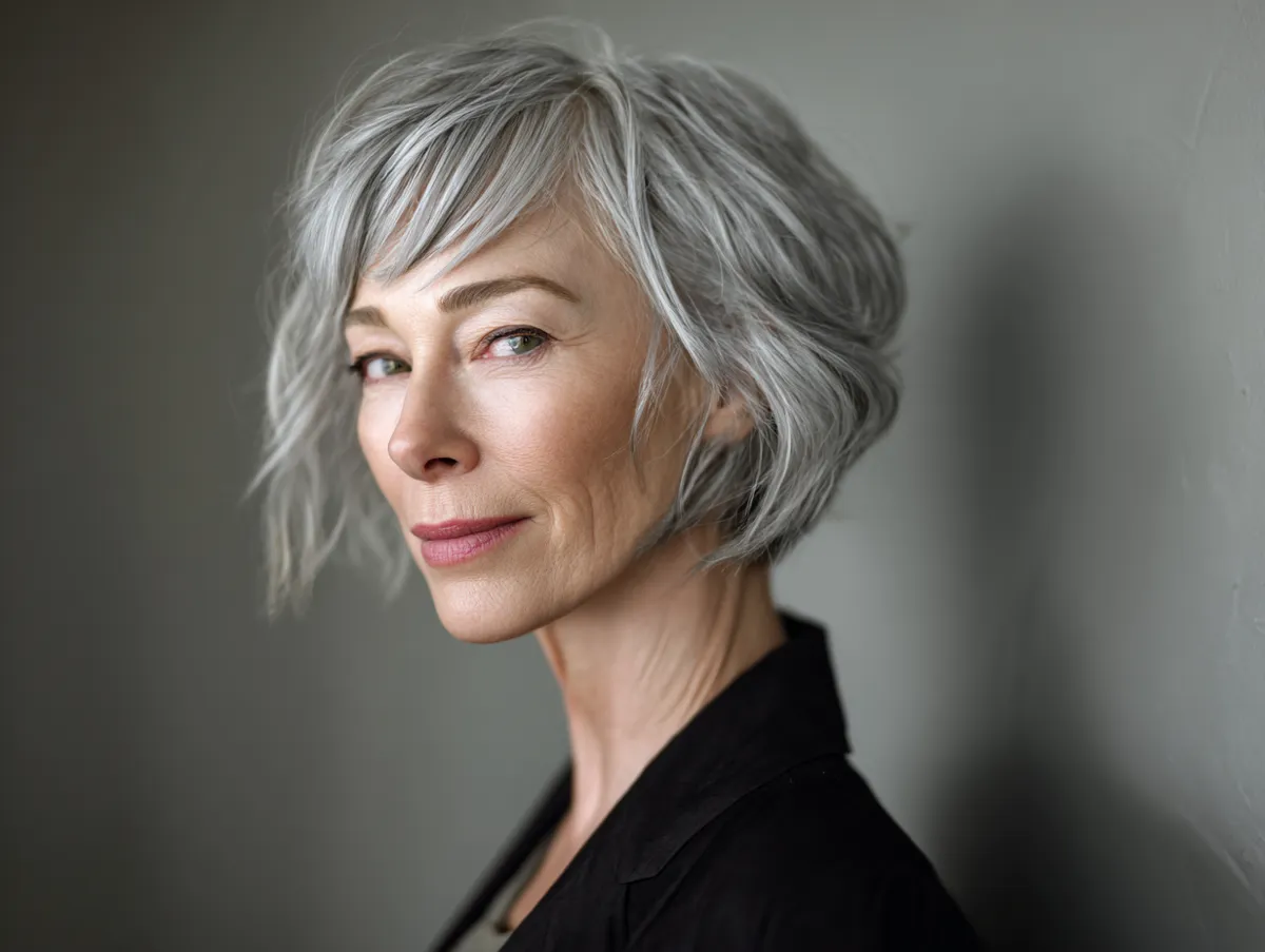 an elegant woman with natural silver short bob hair, softly layered and gently textured, sunlight reflecting subtle gray tones, minimalist studio background, calm and graceful expression