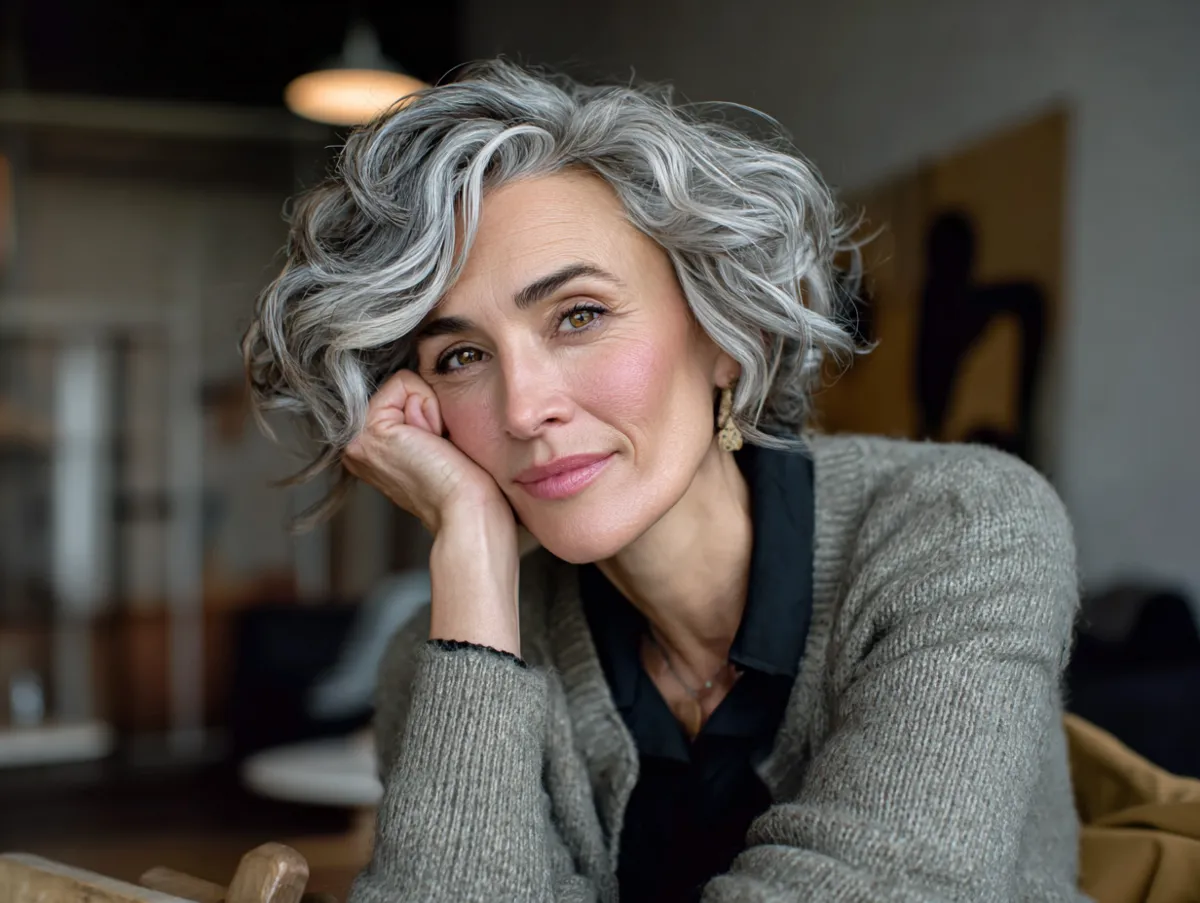 a stylish middle-aged woman with short wavy gray hair, warm morning light, casual outfit, relaxed mood, cozy indoor atmosphere