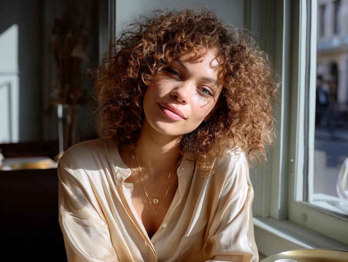 A woman with naturally curly hair sitting in sunlight near a café window, casual soft layers highlighting her curls, natural light and gentle colors, relaxed city atmosphere.
