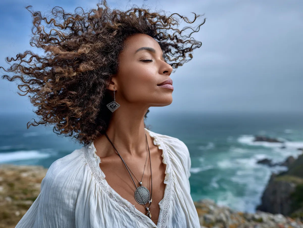 A traveler with wild curly hair standing on a windy cliff overlooking the ocean, light breeze catching the curls, soft natural tones, feeling of freedom and exploration.