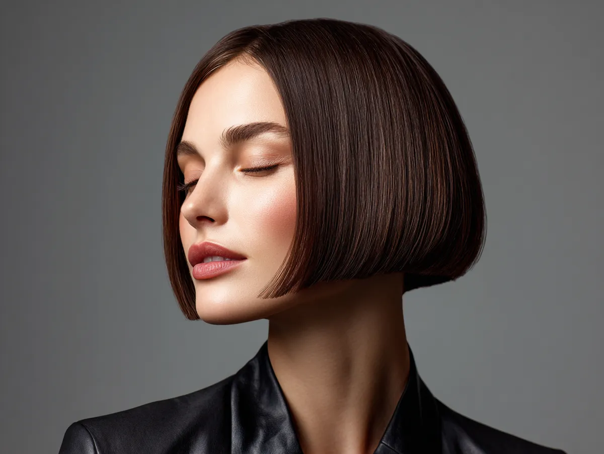 close-up portrait of a woman with a modern blunt bob hair cut style for straight hair, soft natural light, minimalist background, clean lines emphasizing the geometry of the haircut, sleek shine, fine hair texture captured in detail