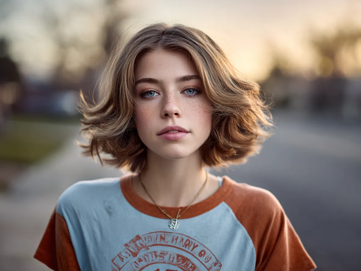 A cinematic photo of a teen with layered shag haircut, tousled waves, vintage band tee, soft sunset light, nostalgic 70s tone, confident yet relaxed expression, artistic lens blur.