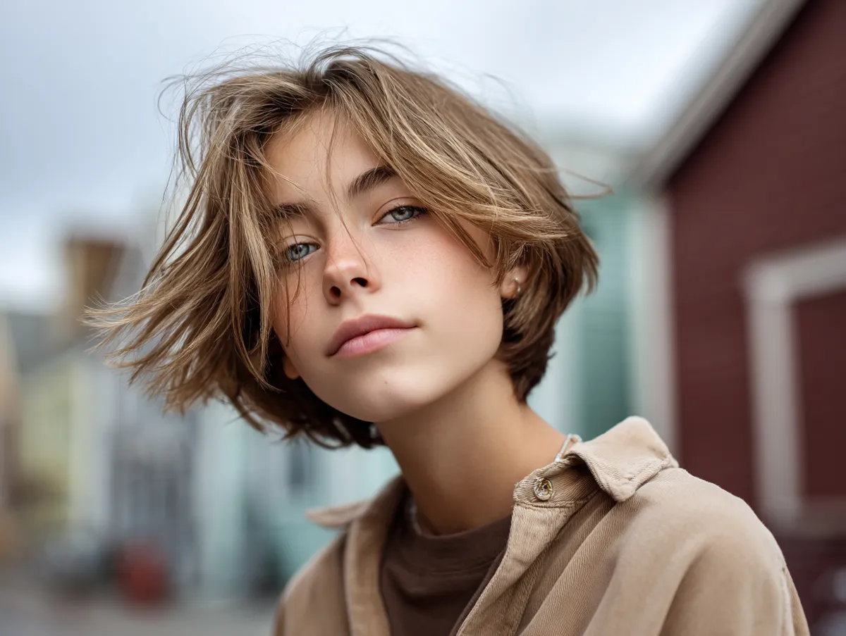 A lifestyle photo of a teen with medium-length layered textured haircut, natural light outdoors, soft motion in the hair, carefree expression, artsy urban background with muted tones.