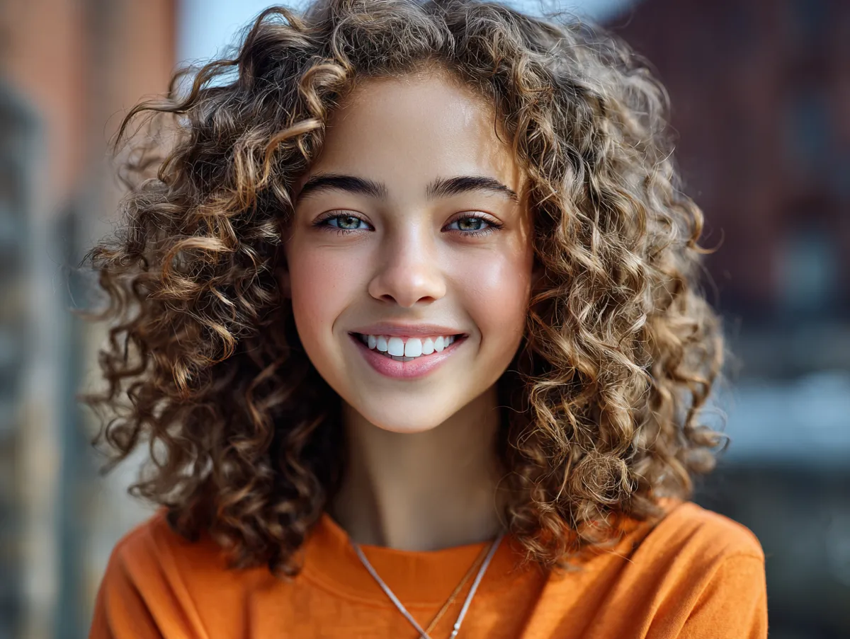 A natural daylight portrait of a teen with shoulder-length curly layered hair, vibrant bounce and shine, urban outdoor setting, joyful expression, warm tones, natural makeup.