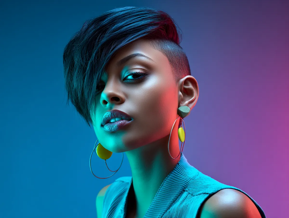 Editorial portrait of a teen with short asymmetrical haircut, bold side part, sleek on one side and textured on the other, vibrant background with soft neon light, modern fashion vibe, confident expression.