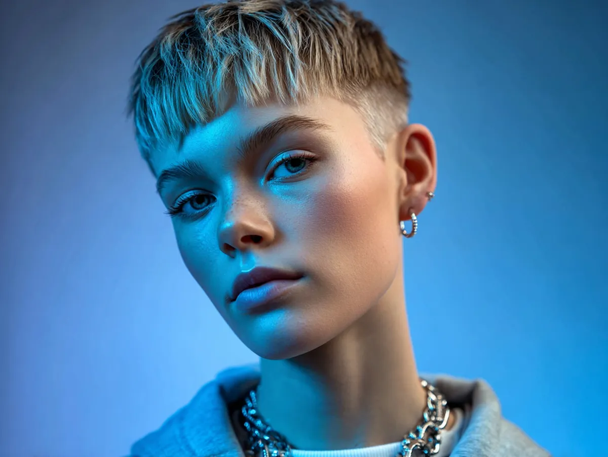 Studio portrait of a teen with short textured crop haircut, subtle fade, clean jawline, futuristic backdrop, cool blue lighting, minimalist streetwear styling, confident look.