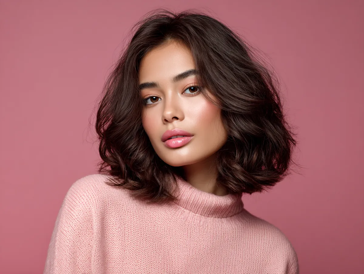 close-up of woman with shoulder length hairstyle for round chubby face, soft waves, pastel background, natural makeup, cinematic lighting, relaxed and confident vibe