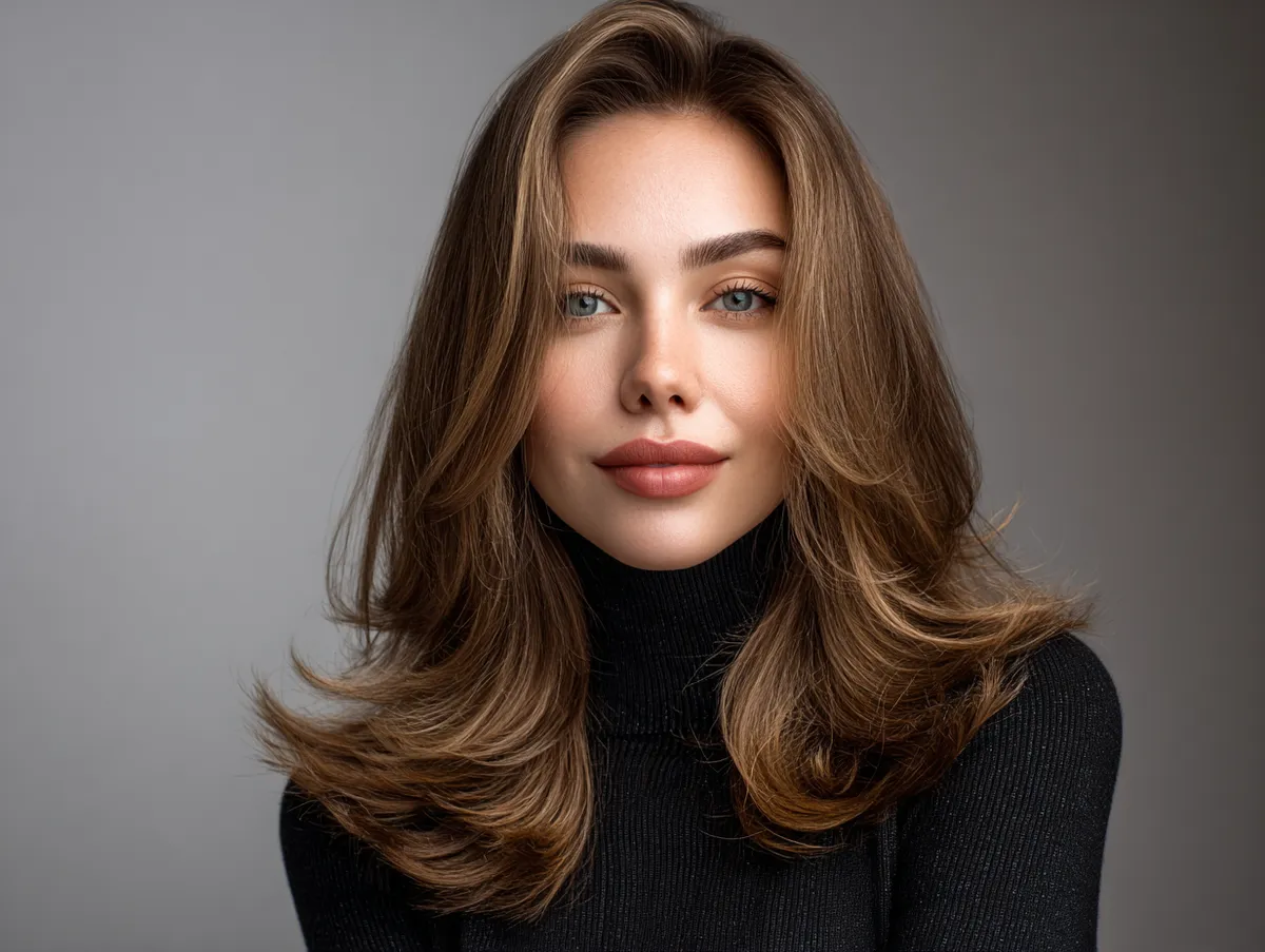 portrait of a woman with long layered hairstyle for round chubby face, soft natural light, gentle waves, subtle highlights, elegant and modern aesthetic, shallow depth of field, professional beauty photography