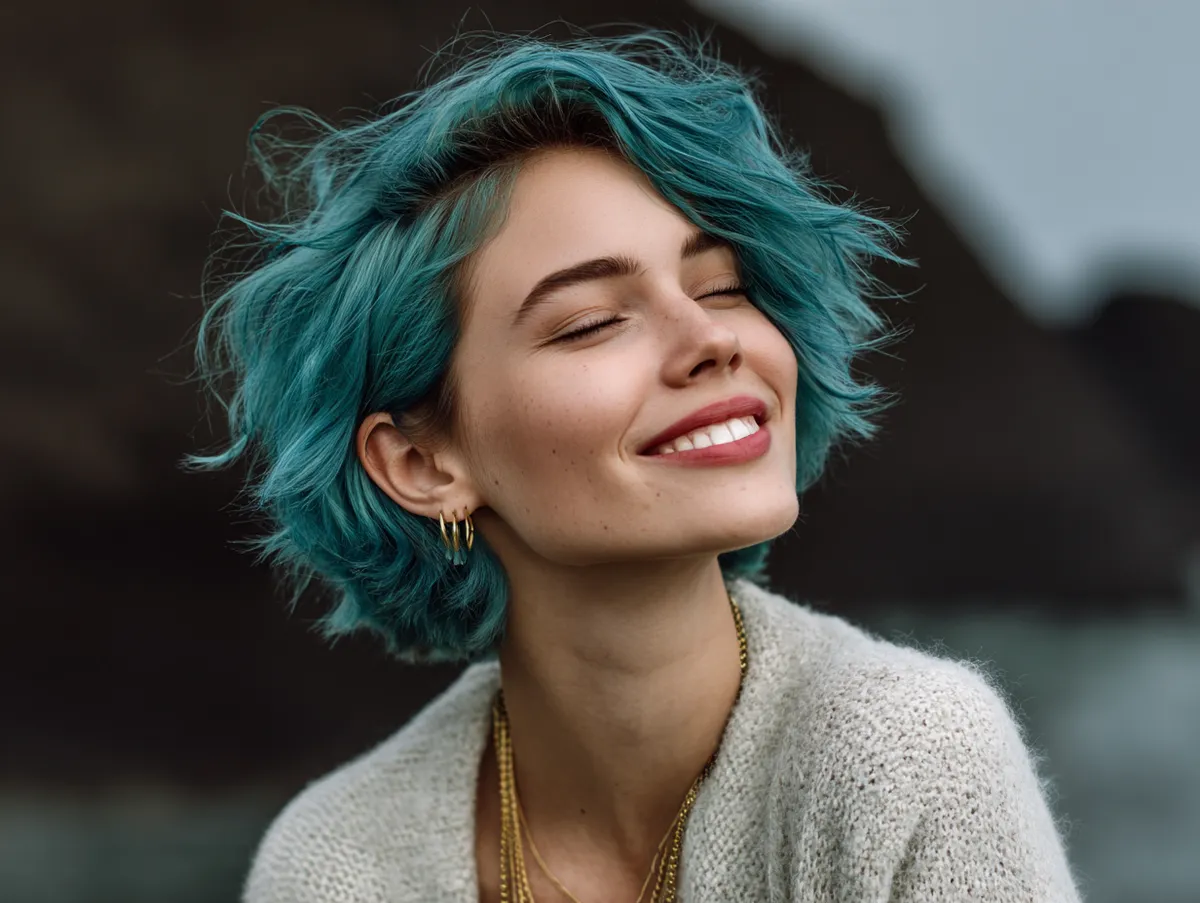 Layered crop haircut in vivid teal, tousled texture, natural outdoor light, subtle waves around the cheeks, energetic modern look, fashionable young woman radiating joy and freedom.