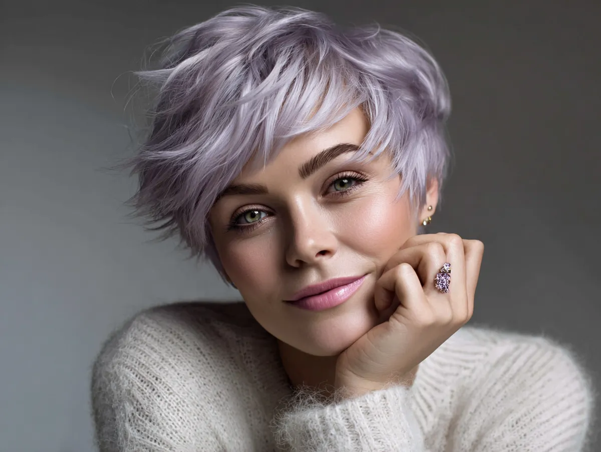 A modern lavender pixie haircut with airy texture, softly layered around the temples, pastel-purple shimmer under natural light, styled for a woman with a round face and gentle smile, editorial fashion photography, ethereal and feminine atmosphere.