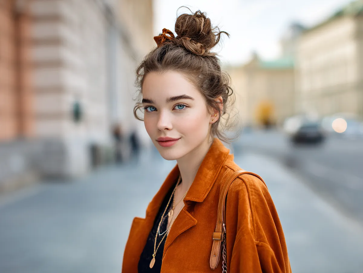 a young woman walking through a city street with an effortless half bun hairstyle, natural daylight, trendy casual outfit, urban background, soft focus photography style