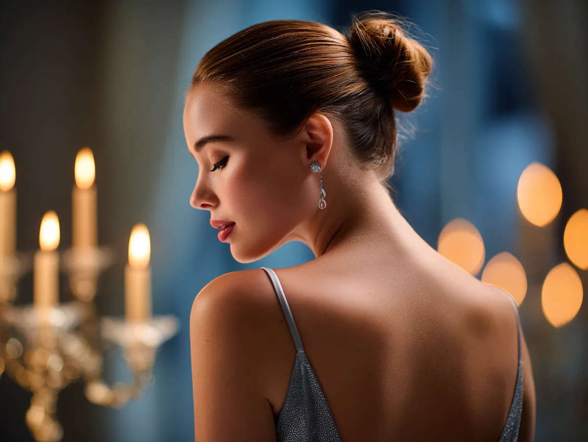 a graceful woman in an evening dress with a polished half bun hairstyle, candlelight ambiance, soft glow, cinematic lighting, fine art portrait
