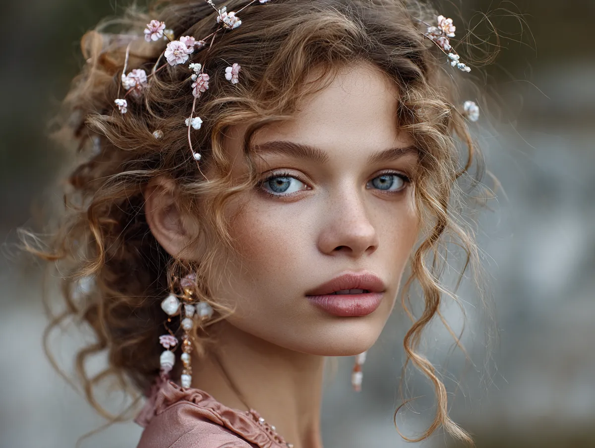fashion editorial photo of a girl with loose romantic hoco hairstyle, soft curls, floral hair accessories, ethereal lighting, pastel tones, dreamy mood, cinematic shallow depth of field