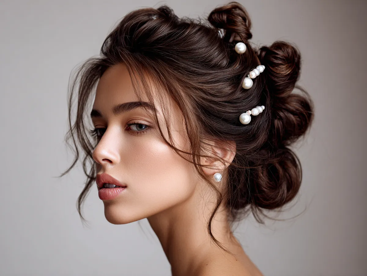 editorial portrait of a young woman with a sophisticated updo hoco hairstyle, pearl hairpins, soft studio lighting, neutral backdrop, high-fashion magazine composition, elegant pose, cinematic soft focus