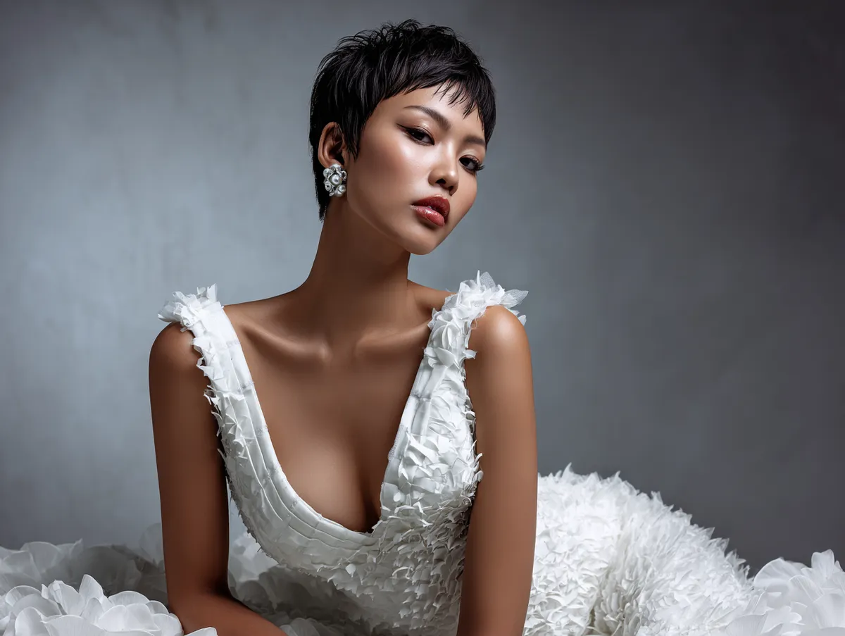 High-fashion editorial portrait of a model with a refined kpop haircut, sharp lines and subtle texture emphasized, styled in a luxurious wedding outfit. Soft natural lighting highlights facial features and the haircut’s precision, minimalist studio backdrop, confident pose, aura of sophistication and grace.