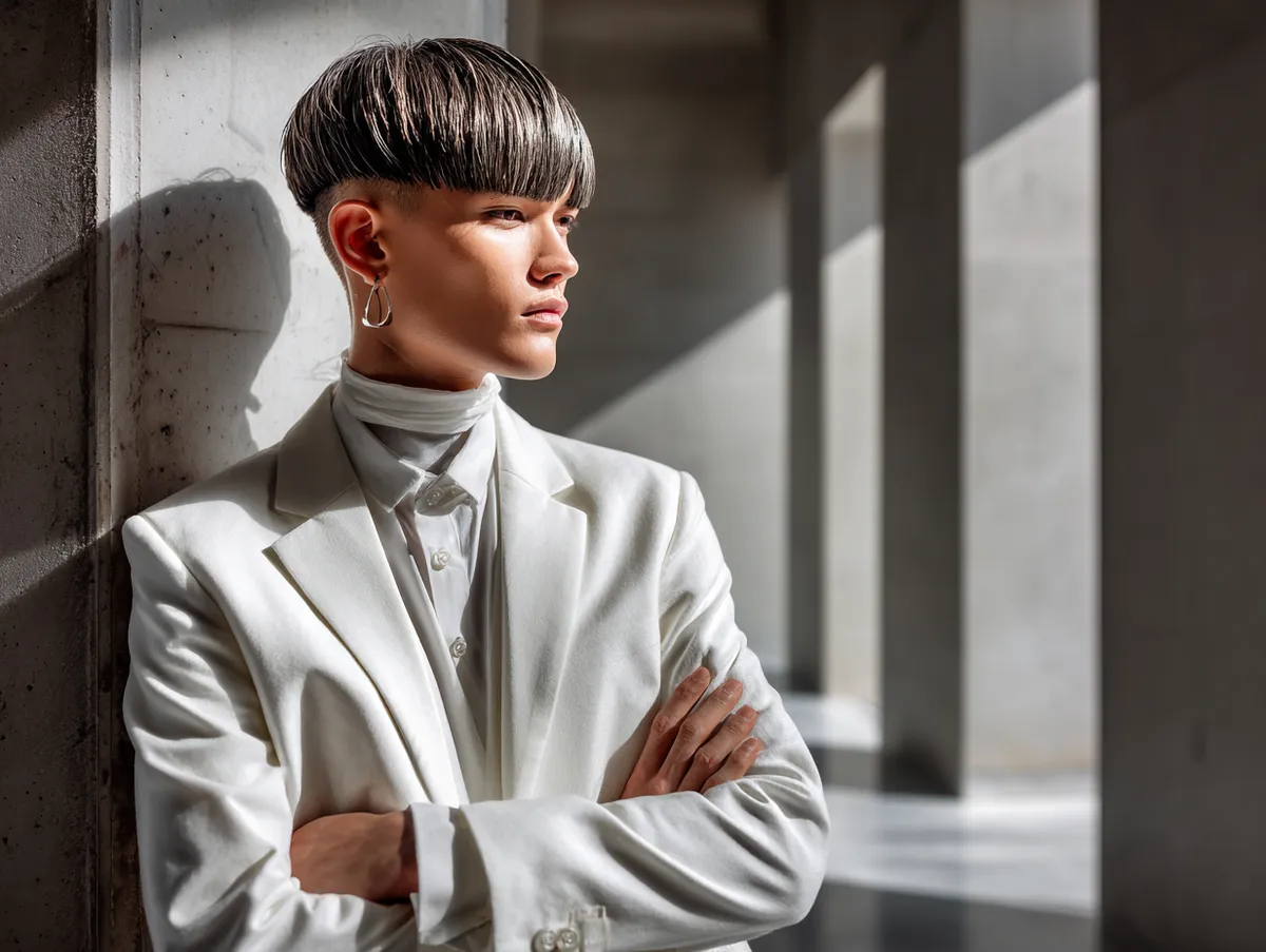 Editorial shot of a model with a dramatic kpop haircut, bold directional spotlighting highlights sharp textures, styled in contemporary wedding attire. Minimalist architectural backdrop, strong stance, the haircut as the main fashion feature, balance of edge and sophistication.