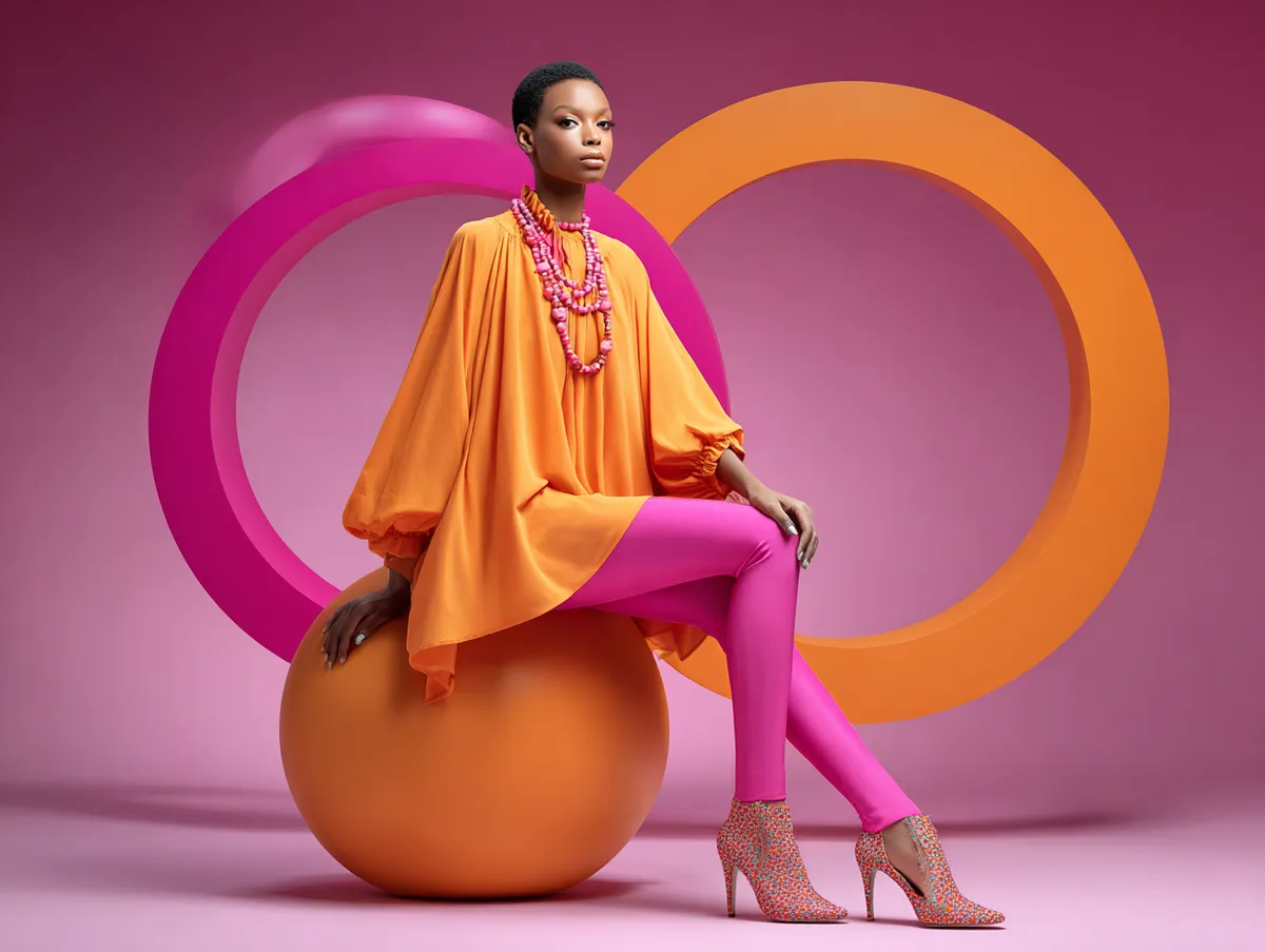 A full-length studio photo of a supermodel wearing bright pink leggings with a flowing orange blouse, styled for a fashion magazine, standing in a vibrant studio set with bold pink and orange lighting accents, no sitting poses.