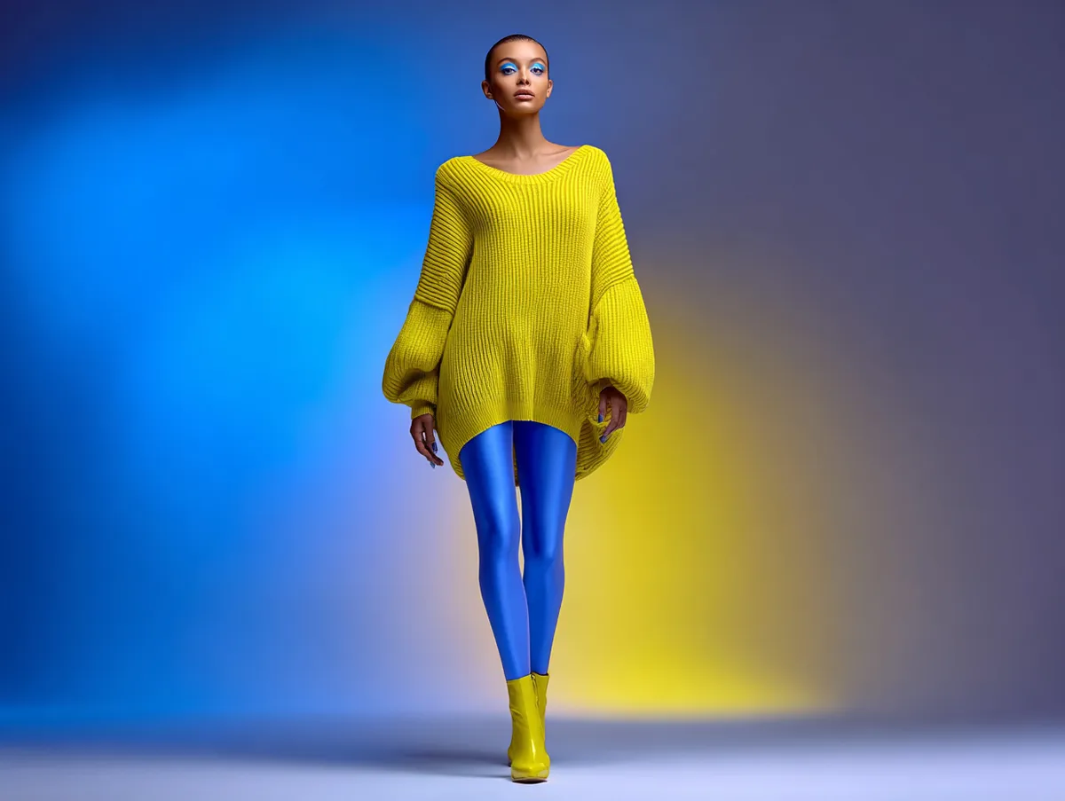 A full-length studio photo of a supermodel wearing cobalt blue leggings with a bright yellow oversized sweater, styled for a fashion magazine, standing on a set with blue and yellow lights complementing the outfit, no sitting poses.
