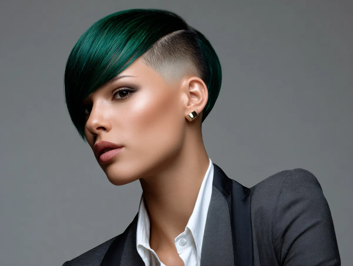 Modern angular haircut with precise side lines, emerald green hair color, natural office light, sleek suit, confident expression
