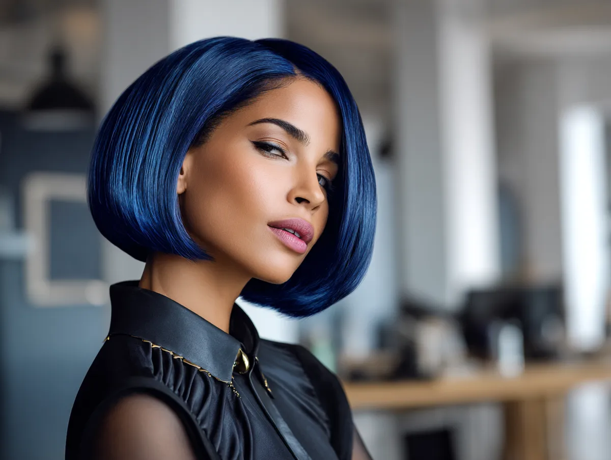 Precision bob with curved angular line detailing, sapphire blue hair color, glossy finish, modern workspace background, poised creative posture