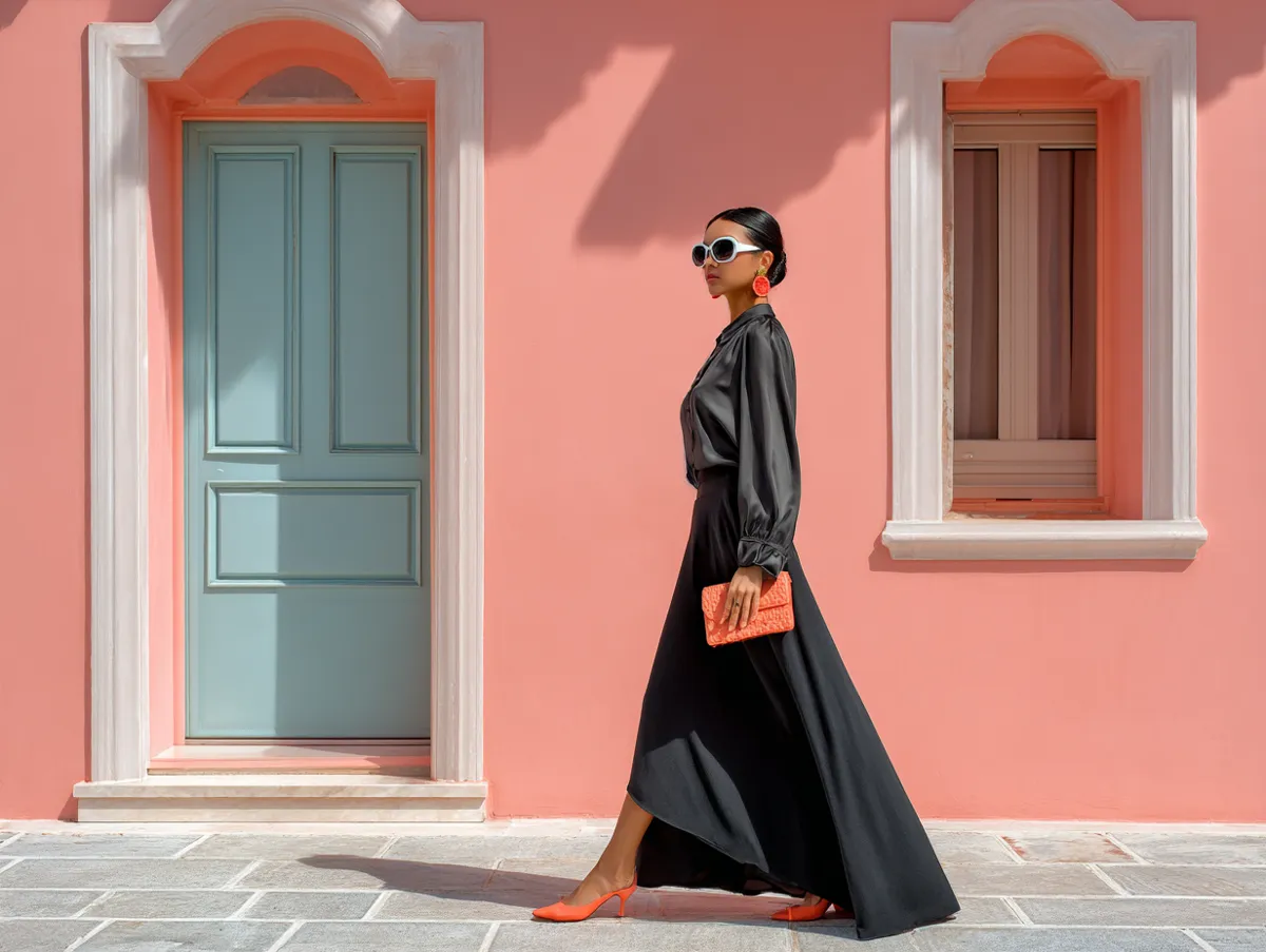 woman wearing a long black skirt with coral accessories and elegant summer blouse walking in sunlight near pastel buildings artistic street photography