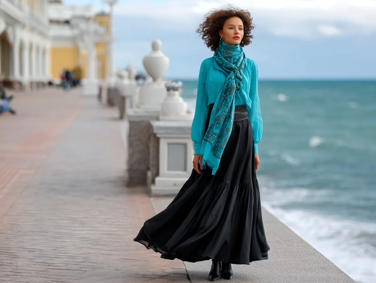 fashionable woman in long black skirt layered with turquoise top and scarf standing by seaside promenade wind in hair soft natural light