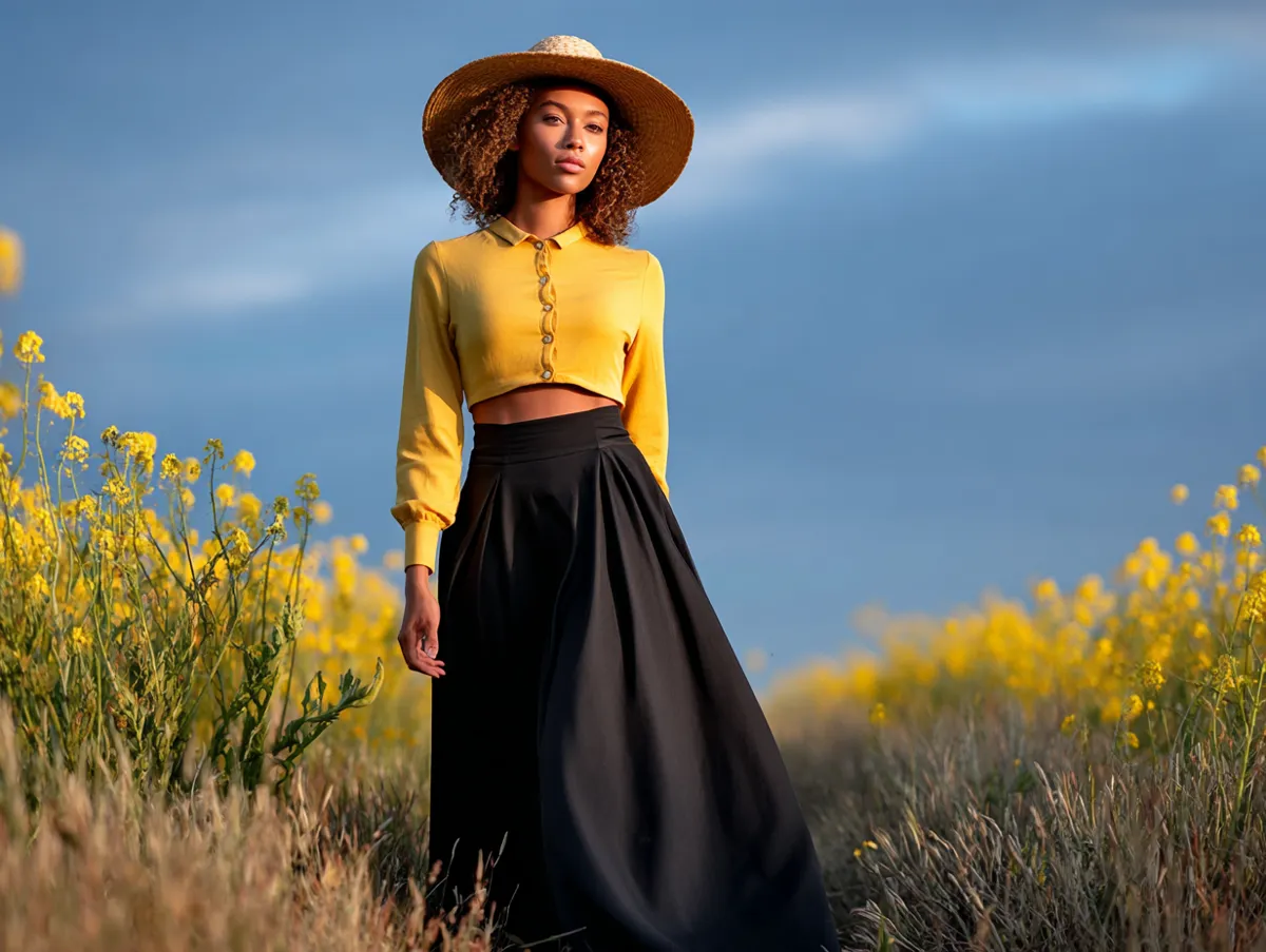 woman in long black skirt wearing lemon yellow top and straw hat walking through flower field golden hour sunlight cinematic feel