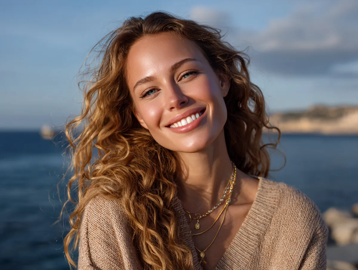 Smiling woman with an oval face and glowing tan, wearing soft wavy long blonde hairstyles near the sea, golden hour lighting, cinematic natural tone, gentle breeze, relaxed and summery atmosphere.