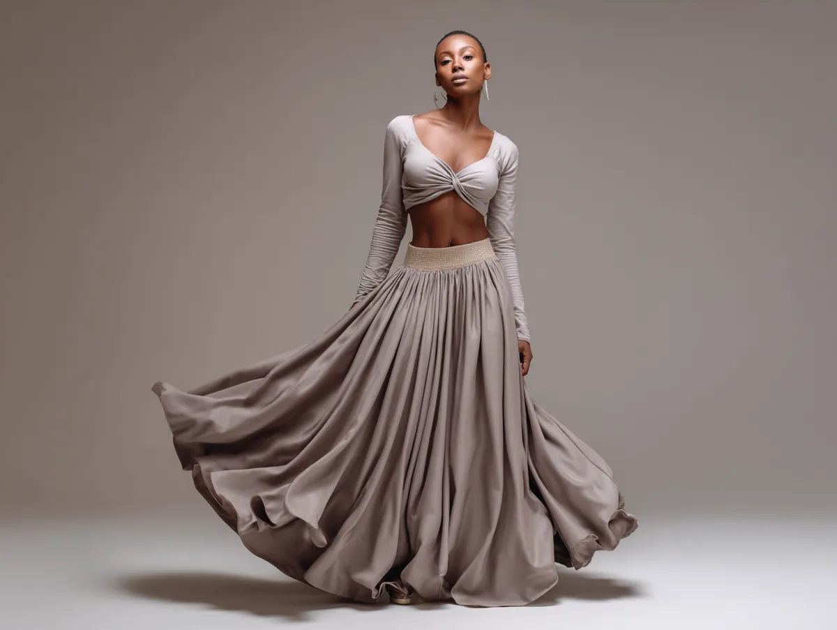 A woman standing elegantly in a studio setting wearing a flowing maxi skirt paired with a chic crop top, styled for a modern clothing catalog