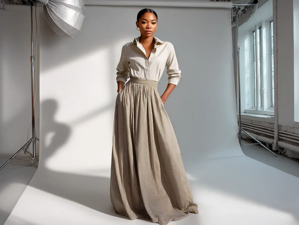 A model standing gracefully in a clothing catalog photo wearing a maxi skirt paired with a crisp button-up shirt, soft daylight, clean studio backdrop, standing fashion pose, professional editorial lighting