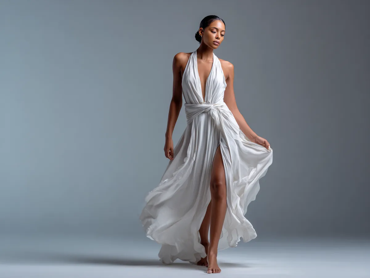 A full-length model styled in flowing fabrics and layered textures inspired by bohemian chic, standing gracefully in a clean minimalist background. The mood is modern yet natural, with balanced light that highlights soft movement. The model alternates between walking poses and serene stillness, showcasing elegance and effortless charm.