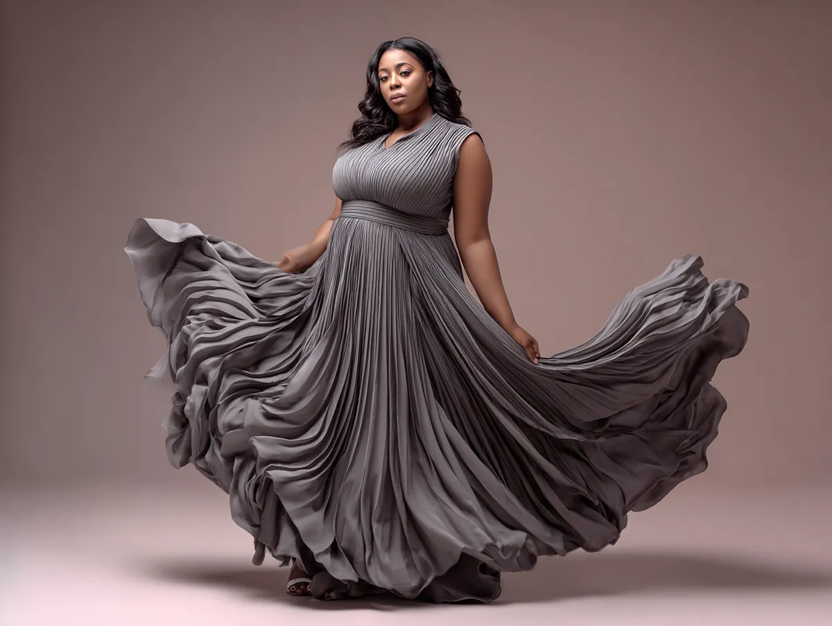 studio portrait of a plus size woman in a flowing monochrome maxi dress, soft shadows and diffused lighting, elegant pose, fabric motion captured mid-flow, pastel background, cinematic studio composition, graceful modern style